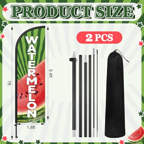 Image of Remagr 2 Pack Watermelon Feather Flag 7 ft Advertising Swooper Flag Windless Watermelon Banner Sign with Pole Kit and Ground Stake for Business Summer Fruit Stand Cart Decor