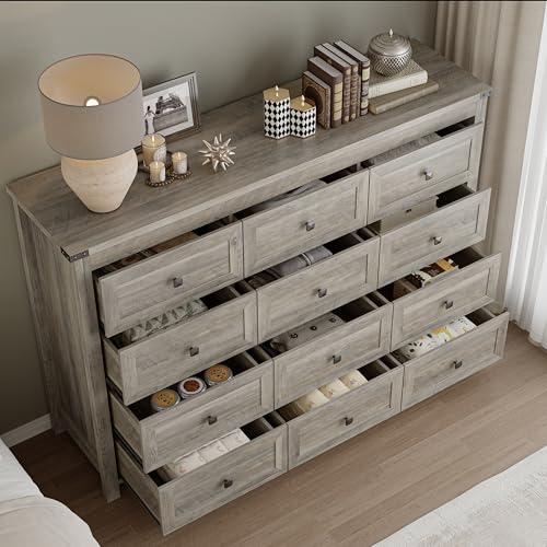 Image of BORNOON 12-Drawer Dresser, Modern Wooden Storage Chest of Drawers, Dresser TV Stand, Wood Drawer Organizer with Metal Handles for Bedroom, Living Room, Hallway