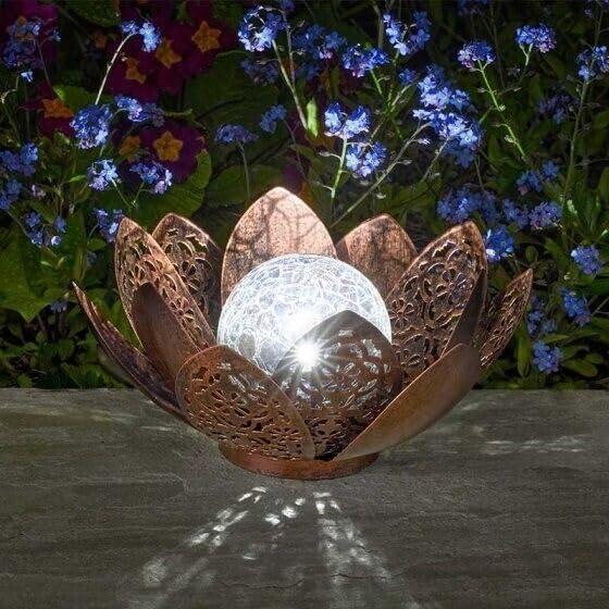 Garden Mile Large Colour Changing Solar Light - 27cm Weatherproof Lotus Solar Lantern with Bronze Silhouette Effect - Damasque Lantern with Colour Changing LED Lights for Garden Decorations Outdoor