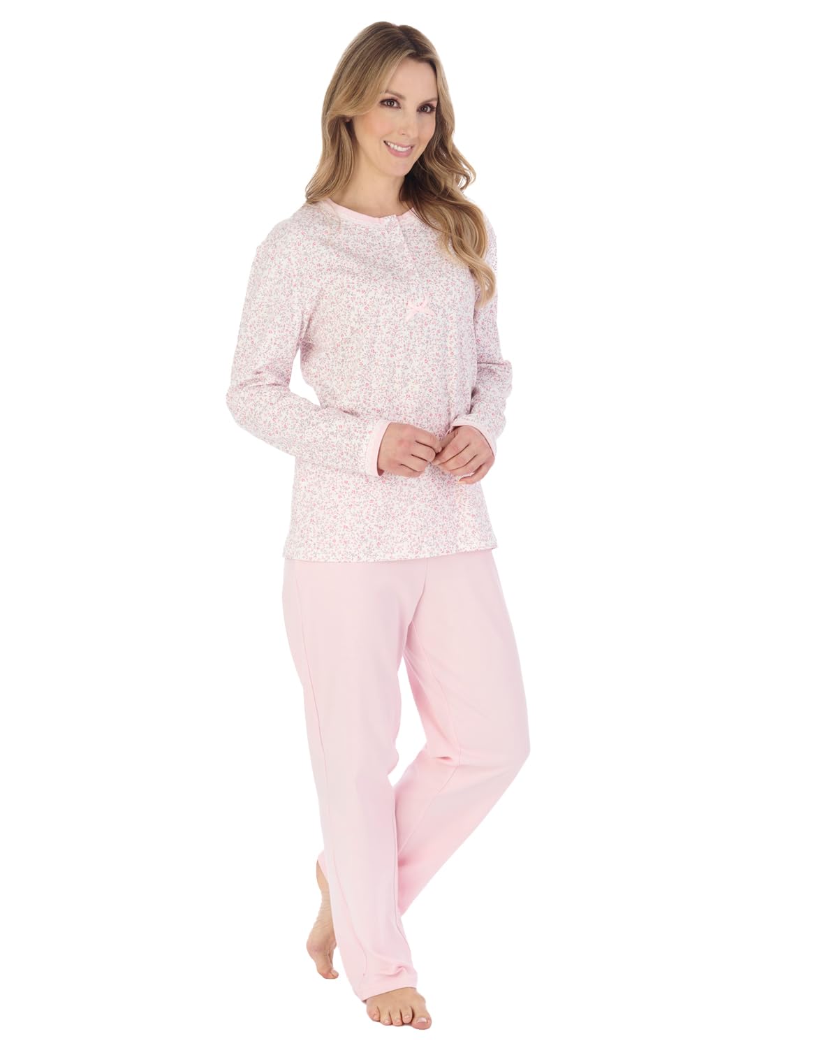 Slenderella Women's Pink Forget Me Not Long Sleeve Cotton Interlock Pyjama Set (20/22, )