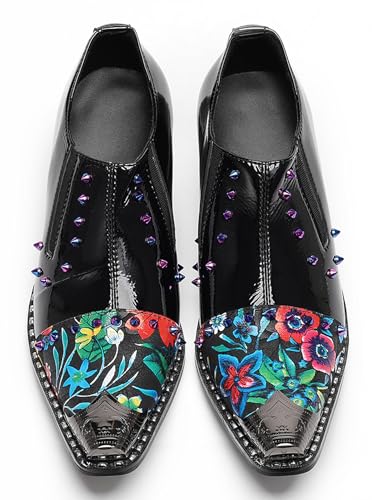 Santimon Men’s Patent Leather Floral‐Studded Dress Loafers – Pointed Toe Slip-On Cuban Heel Shoes for Wedding, Prom, Party, Stage & Gothic Punk Style3