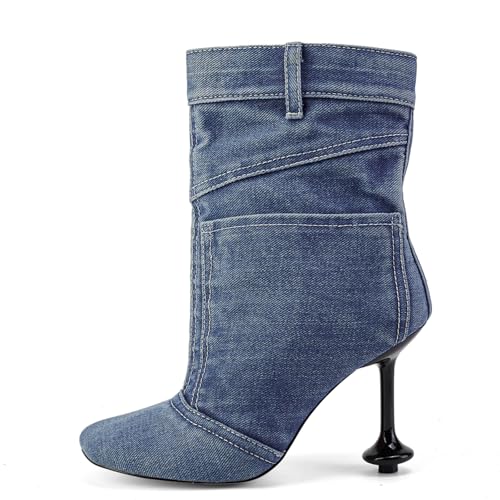 Jeans Boots for Women High Heels Square Toe Ankle Short Denim Booties Retro Cowboy Cowgirl with Zipper Fashion Casual Shoes