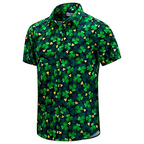 ENVMENST Camisa Hawaiana de Manga Corta con Botones para Hombre con Estampado de trébol irlandés, f, L