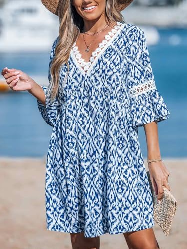 Image of CUPSHE Women V Neck Lace Trim Mini Summer Dress Cover Up 3 /4 Sleeve Ruffled Cuff Casual Sundress Beach Dresses Cover Ups
