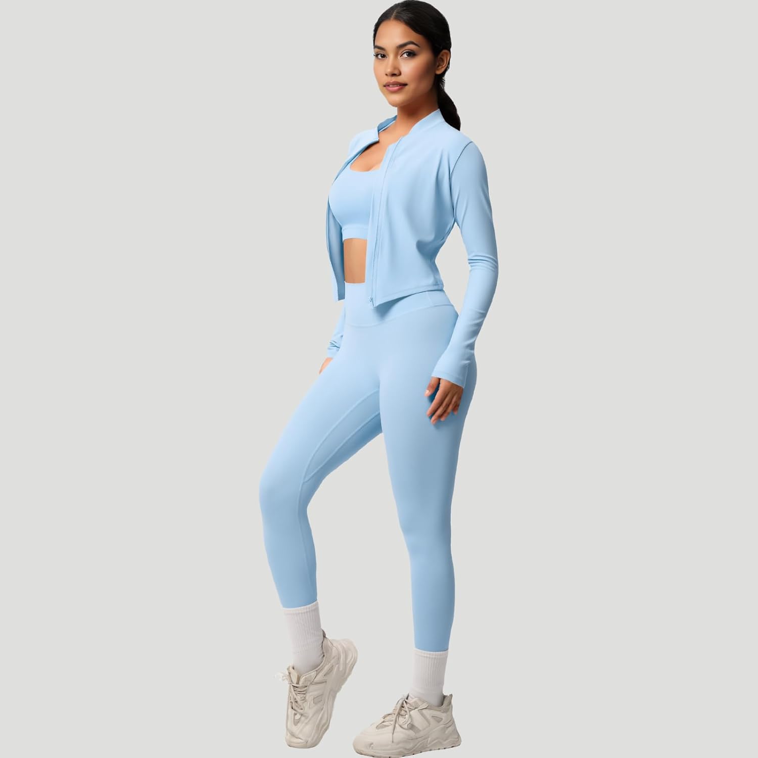 3 Piece Women’s Workout Set – Zip-Up Jacket, Sports Bra & High-Waist Leggings – Stretchy Breathable Yoga Outfit - Image 2