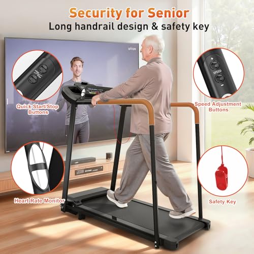 Image of Best Walking Treadmill for Seniors, Treadmills for Home with Extended Handrails & Pulse-Sensing Stabilizing Handle, Forward & Reverse Walking, Dual Shock Absorption, Ideal for Rehab