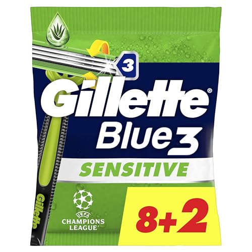 Gillette Rasoirs Jetables Blue3 Sensitive Pour Homme X10, À 3 Lames, Tête Pivotante À 40°, Bande Lubrifiante, Avec La Technologie Comfortgel