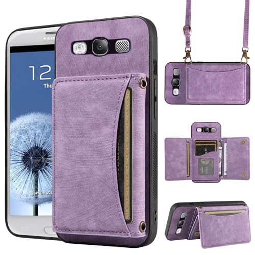Phone Case For Samsung Galaxy S4 Wallet Cover with Crossbody Shoulder Strap and Leather Credit Card Holder Pocket Slim Stand Cell Accessories Mobile SIII Neo S III 3 3S GS3 I9300 Women Girls Purple