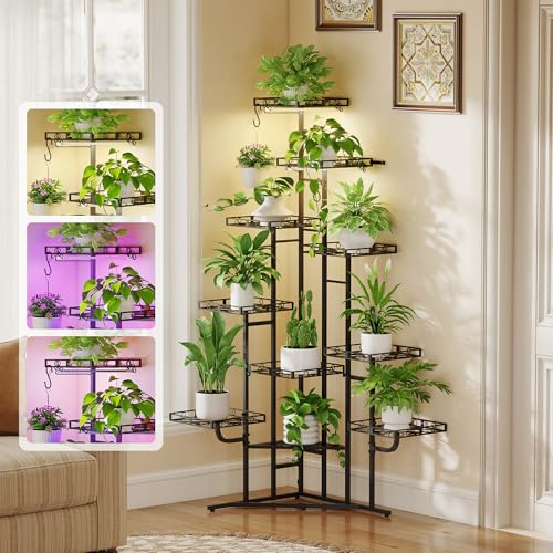 Image of Quikraen Plant Stand Indoor with Grow Lights, 58 inch Tall Lighted Corner Plant Shelf for Indoor Growing, 10-Tier Multiple Metal Large Flower Holder, Plant Rack for Home Decor, Patio (Black)