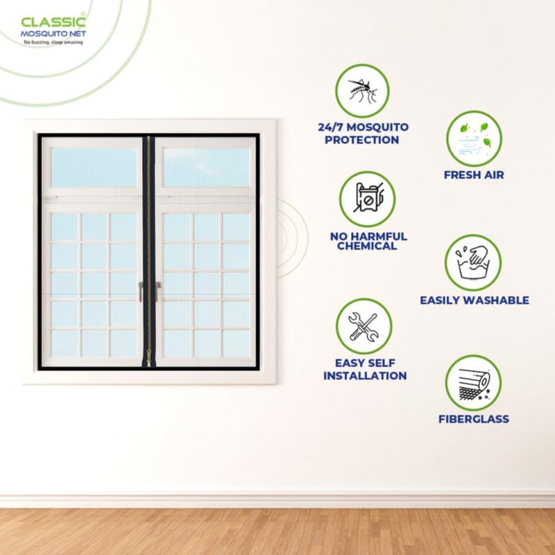 Image of Classic Mosquito Net for Windows with Zipper | 90X110 cm | 120 GSM Fiberglass Mesh |Pre Stitched Window Net for Home | Self Adhesive Hook All Loop Easy Install | Protection from All Insects |Black
