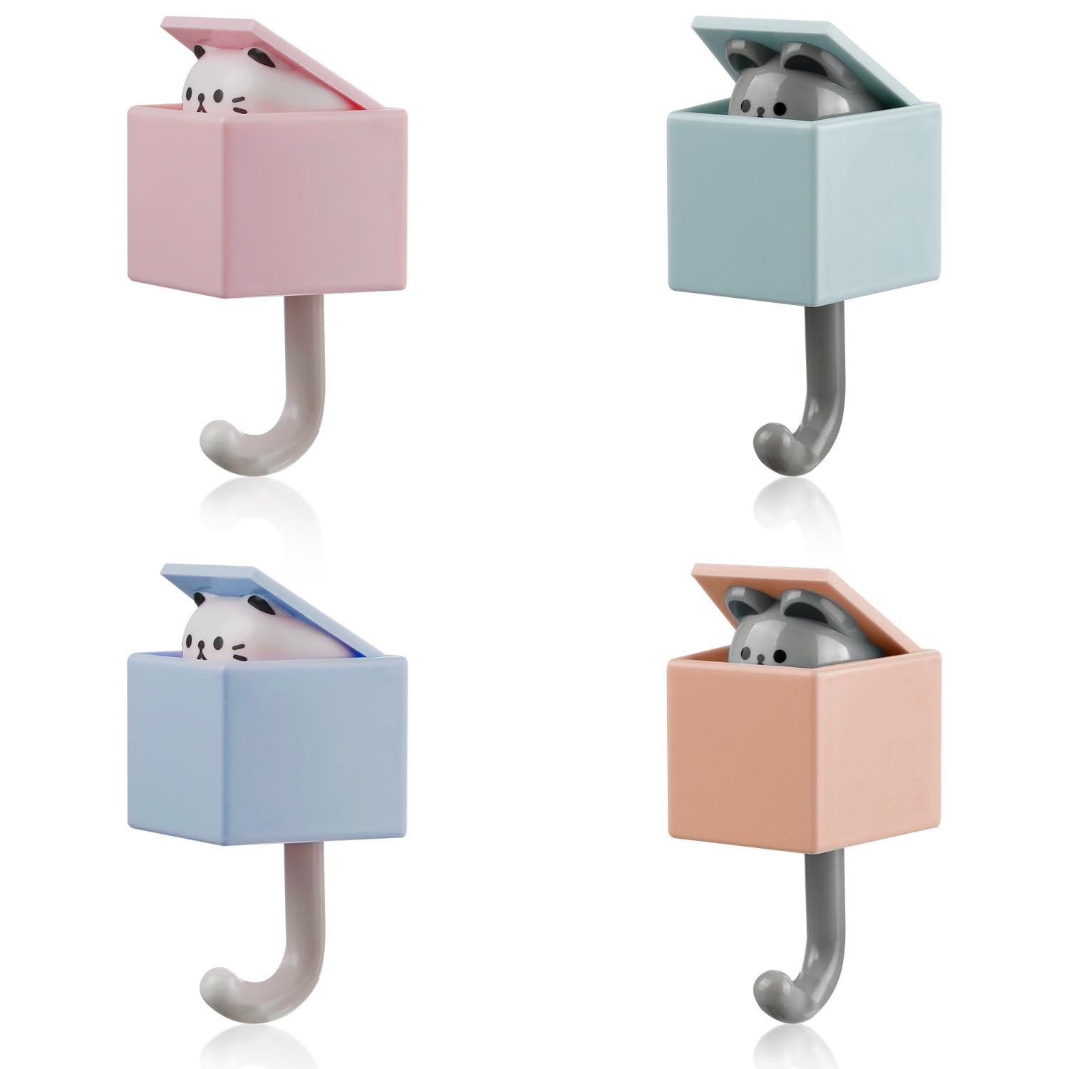 GLADFRESIT 4Pcs Cute Cat Hooks, Self-Adhesive Pop-Up Animal Wall Hooks, Creative Traceless Key Hanger for Bedroom Bathroom Kitchen