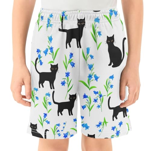 Black Cats and Flowers Athletic Shorts with Zipper Pockets, Youth Boys Athletic Running Shorts for Summer2