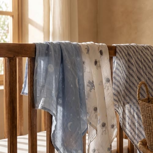 Image of GLLQUEN BABY Receiving Blanket Boy Cotton Muslin Swaddle Blankets Girl Newborn Squares Breathable & Soft Thin Baby Blankets Cloths Double Absorbent Infant Swaddling Wrap - 6 Pack (Blue Astronaut)