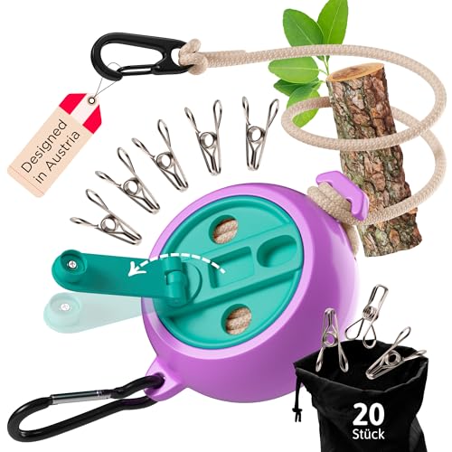 AUTDOOR® Wäscheleine ausziehbar - mit ausklappbarer Handkurbel für müheloses Aufrollen - Robuste 10m Reisewäscheleine für Camping, Wohnmobil & Balkon (Retro Pastel)