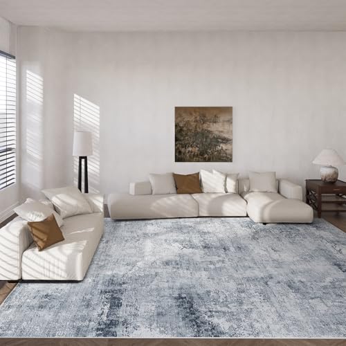 Washable Living Room Area Rugs: 9'x12' Large Rug Stain Resistant Distressed Abstract Rug Non Slip Low Pile Faux Wool Soft Area Rug for Bedroom Bedside Indoor Kids Playroom Dorm Nursery Dining Room