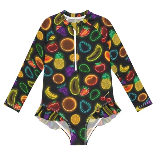 ALAZA Funny Fruit Cherry Lemon Neon Girls One Piece Swimsuit Long Sleeve Rash Guard Swimsuits UV 50+ Swimwear Zipper