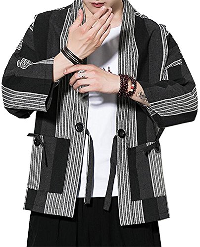 Men's Cotton Linen Retro Striped Kimono Cardigan Cloak Jacket 2XL (Black Striped, Medium)