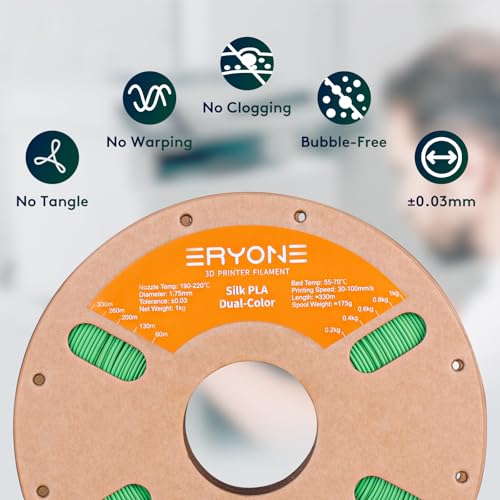Image of ERYONE Silk Dual Color PLA Filament 3D Printer 1.75mm + /- 0.03mm, Bicolor Filament Two Tone PLA Bundle 2KG Cardboard Spool, Yellow Green