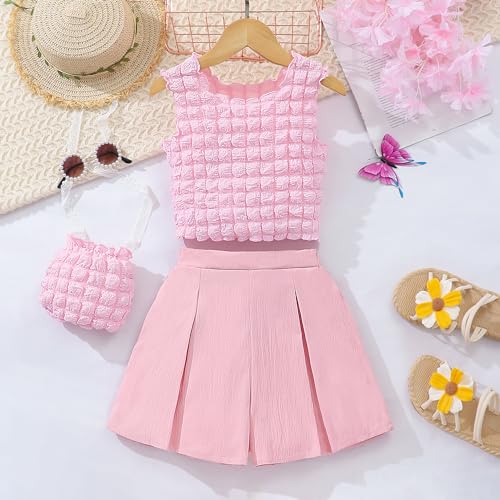 Image of Little Girls 2pcs Sleeveless Lettuce Trim Ruffle Tank Tops and Pleated Elastic Waist Short Sets with Bag