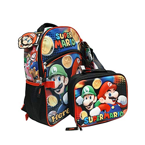 Super Mario Conjunto de Mochila 5 Peças com Lancheira, Caixa de Gadget, Bolsa de Cintura e Lanche