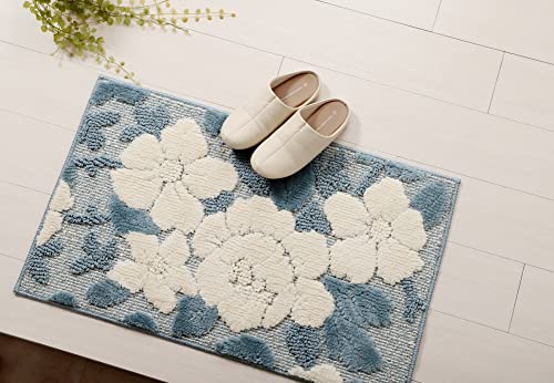 イケヒコ 玄関 マット ボリューム メル ブルー 長方形 約50×80cm 滑り止め 加工 立体的 花柄 丸洗い #1310730041701