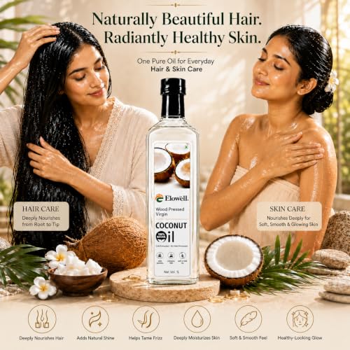 Image of ELOWELL Cold Pressed Virgin Coconut Oil (2L), Wood Pressed, From Our Own Farms in Tamil Nadu, Unrefined, No Heat Processed, 100% Pure & Natural, Edible Cooking Oil for Hair, Skin & Baby Care