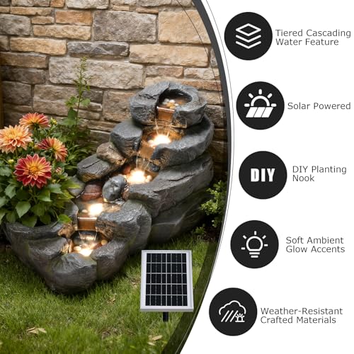Image of 5-Tier Solar Water Fountain Outdoor Rock Waterfall Fountains