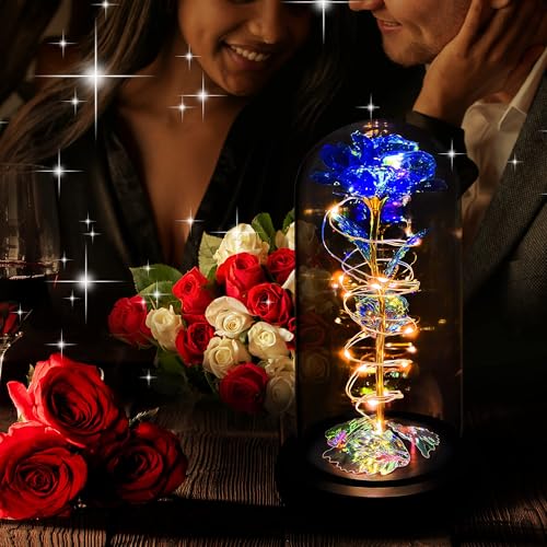 Presentes de rosas de Natal para mulheres, flores artificiais coloridas azuis, presentes de rosas de