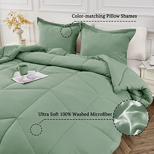 Mildly Queen Comforter Set - Sage Green Bedding Comforter Sets 100% Washed Microfiber Super Soft 3 Pcs, All Season Fluffy Lightweight Down Alternative Quilted Comforter 88X88 Inches, 2 Pillow Shams #TOP3