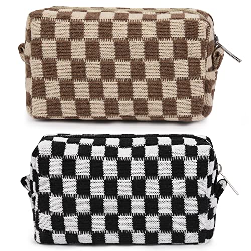 SOIDRAM 2 Pieces Makeup Bag Checkered Cosmetic Bag Black Brown Makeup Pouch Travel Toiletry Bag Organizer Cute Makeup Brushes Storage Bag for Women