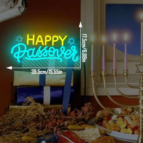 Image of Happy Passover Neon Sign Passover Decorations Led Sign Dimmable Pesach Neon Lights Pesaj Seder Neon Wall Decor for Jewish Holiday Party Home Table Decor