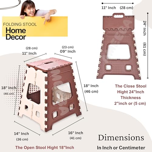Image of AMEEBA 18 Inch Super Strong Folding Step Stool to Support Adults and Safe Enough for Kids. Opens Easy with One Flip, Great for Kitchen, Bathroom, Bedroom, Kids or Adults (Brown)