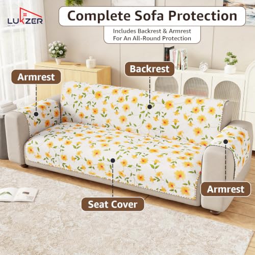 Image of Lukzer 2 Seater Sofa Cover Quilted Reversible WaveEdge Ultrasonic Cut Sofa Mat with Back and Hand Rest Covers - Terra Bloom - Washable Sofa Protector for Modern Living Room 120 x 150 CM /SC-205-02WB