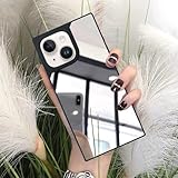 LUVI iPhone 15 Plus対応 スクエアミラーケース レディース ガールズ メイクアップ かわいい ラグジュアリー 光沢 ガラス ミラー バック デザイン シリコン バンパー スリム 薄型 ファッション 保護 耐衝撃 カバー シルバー