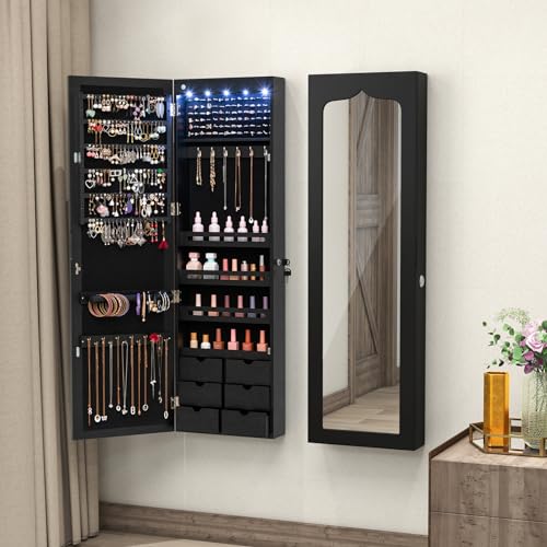 Miniatura 7 de Costway Espejo Joyero De Pared, Armario Joyero Con Espejo De Cuerpo Entero, Iluminación Led, Armario Para Joyas De Puerta Con 6 Cajones, Cerradura, Gran Espacio De Almacenamiento