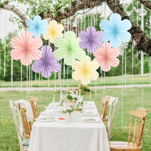 Image of SUNBEAUTY Pastel Paper Flowers Decorations for Wall, Hanging Paper Fans Paper Floral Backdrop Decor Paper Fans Decoration Mothers Day Birthday Wedding Baby Shower, Set of 9