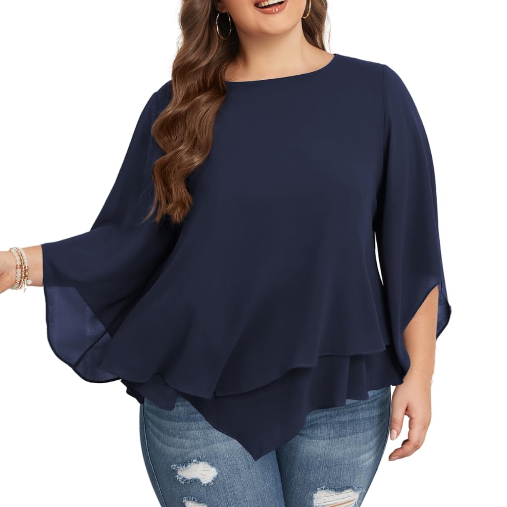 Hanna Nikole Damen Große Größen Chiffon Blusen 3/4 Ärmel Doppellagige Hemd Flowy Elegant Tops Lose Long Shirt