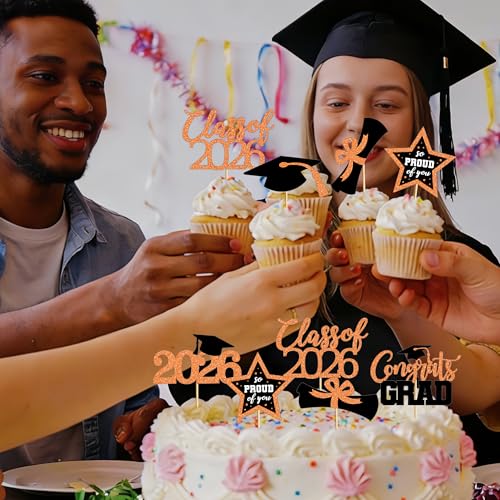 Image of 48 PCS Graduation Cupcake Toppers 2026, 6 Styles Grad Cake Topper, Black and Orange Graduation Decorations, Glittery Cap and Diploma Cake Picks for Congrats Grad Decor Party Supplies