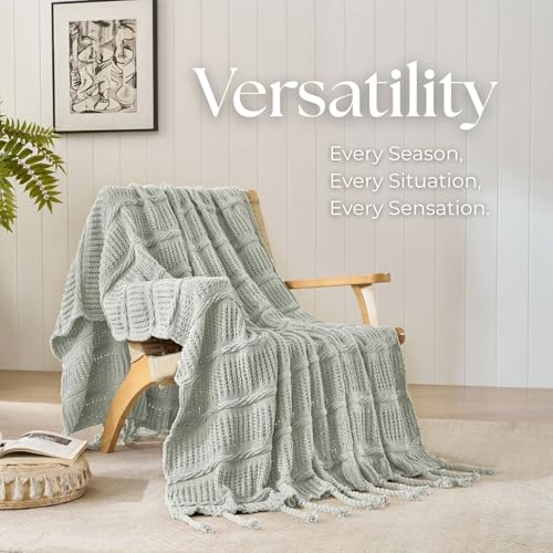 Boho Knitted Chenille Blanket with Tassels - Lightweight & Soft All-Season Throw - 3D Classic Pattern for Living Room Bedroom Couch, Silver Sage, Throw 50"x60" by DOWN HOME - Used condition - Image 6