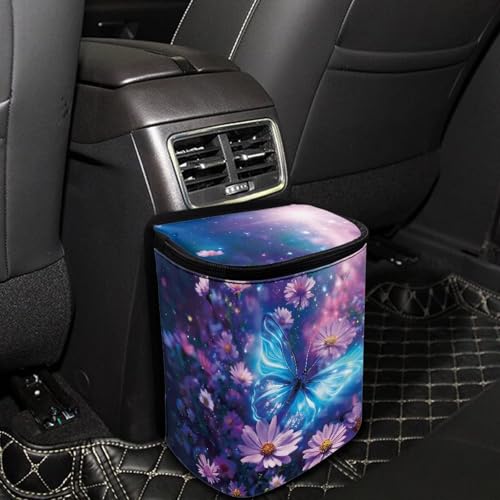 Image of Talayituse Butterfly Daisy Floral Print Car Trash Can with Lid, Leak Proof Auto Trash Bag Hanging Vehicle Garbage Can Multipurpose Storage Container for Back Seat Road Trip