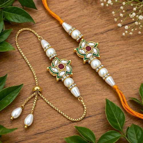Image of Riddhika Ventures Glorious Gold Plated Religious Diamond Ring Rakhi || Traditional Rakhi Set of 2 & Festive Gift || Rakhi Gift Combo for Bhaiya Bhabhi (J5SM)