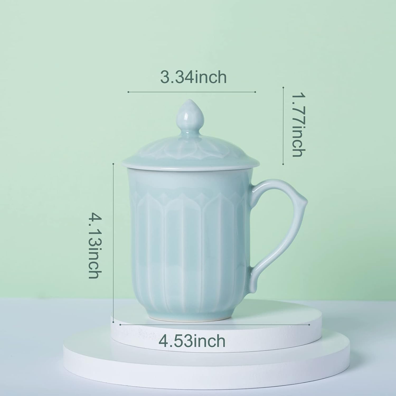 Porcelain Lotus Tea Cup with Lid and Handle, 12 oz Unique Coffee Mug, Microwave Dishwasher Safe, Gifts for Women and Men, Aesthetic Chinese Celadon 1 Pack (Ivory Blue) - Image 2