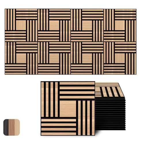 Image of WoveN SounD Acoustic Wall Panels, Natural Oak, 16 Pack, 12x12 in | Self-Adhesive, NRC 0.95, Carved Pattern, Sound Proof, Echo Reduction, Sound Dampening, Home Studio, Office, Gaming Room