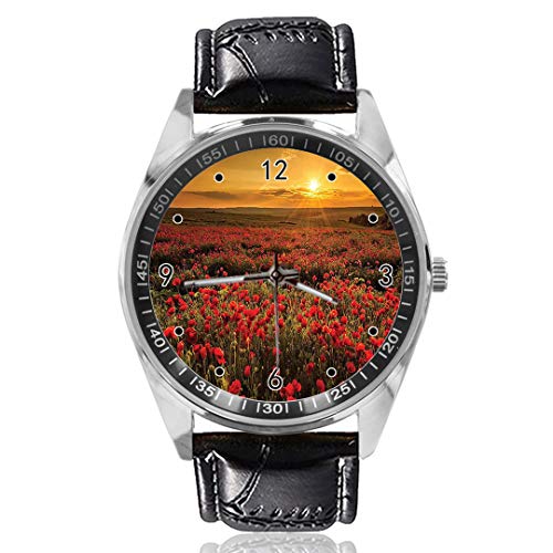 Beams Meadow Cloudscape Wildflower Armbanduhr Custom Design Analog Quarzuhr Silber Zifferblatt Klassisches Lederband Damen Herren Armbanduhr