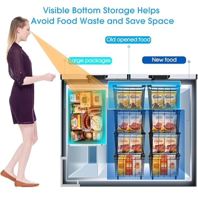 Freezer Organizer Bins, 2 Pack Stackable Chest Fridge Organizer with Handles for 7 Cu.Ft, Deep Freezer Storage Baskets for Food Storage and Meats Easy Reach from Bottom Prevent Frozen Food Waste
