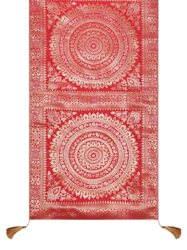 Image of Diwali Decor Brocade Jacquard Silk Table Runner Long Runner for Dinning & Centre Table Mandala Print 72 x 16 Inches (Red)