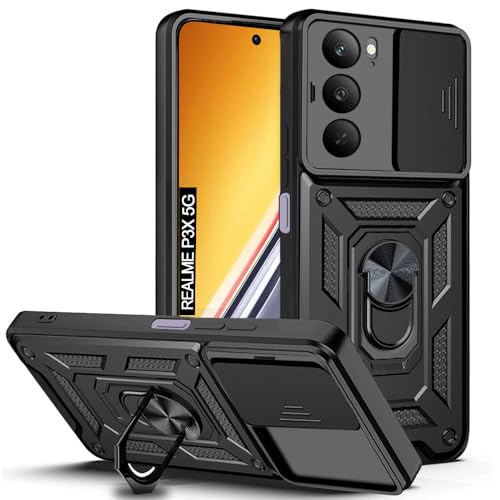 Image of AESTMO Tough Armor Realme P3x 5G Bumper Back Case Cover | Ring Holder & Sliding Camera Shield Cover | 360 Degree Protection Back Case Cover for Realme P3x 5G (Black)