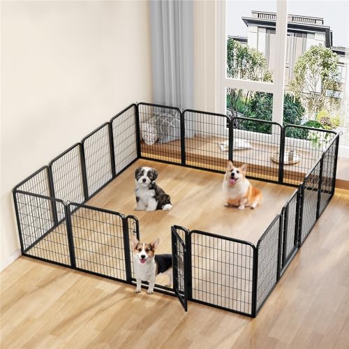 Yaheetech 12-teilig Welpenlaufstall 80cm hoch, Welpenauslauf mit 2 Türen, faltbares Freilaufgehege, Automatische Verriegelung, Tierlaufstall für Wohnung & Garten