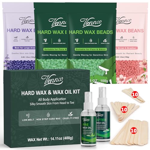 Vennco Hard Wax Beads Kit for Hair Removal, 36 Pieces Wax Beads for Full Body, Face, and Brazilian Bikini, Aloe, Lavender, Cherry Blossom - Includes Pre and Post Wax Oils