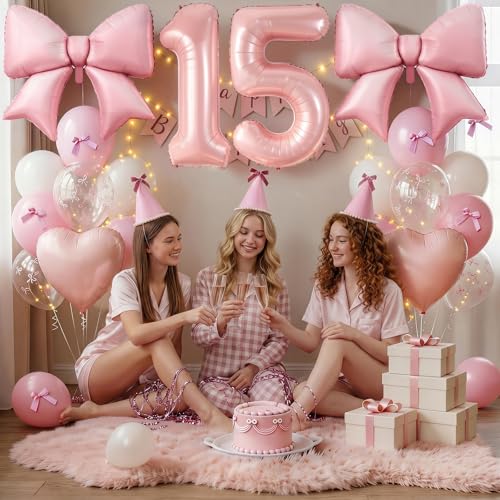 Image of 15th Birthday Decorations for Girls,Pink Bow Balloons for Party Decorations | 15 Number Balloon,Pink White Latex Balloons,Bow Print Balloons,Heart Balloons,15 year old girl birthday decorations